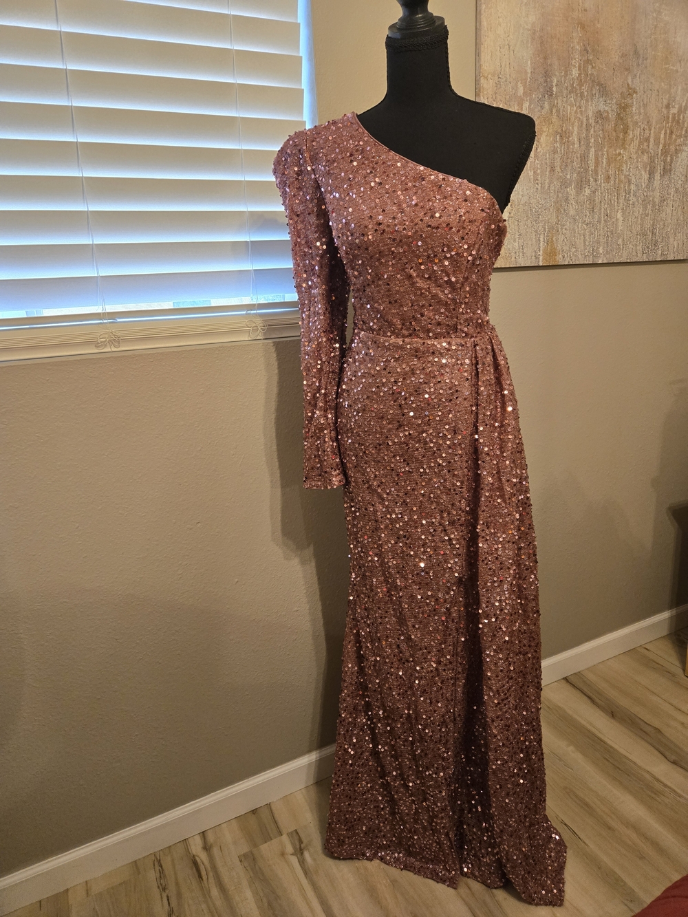One-Shoulder Rose Gold Sequin Evening Gown